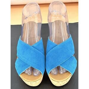 Garnet Hill Womens Wedge Heel Platform Slide Sandals Blue Suede Size 6 Italy